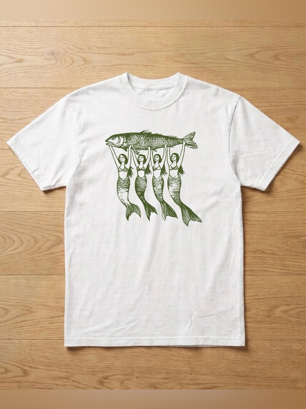Mermaids Lifting Fish White Coastal Art Aesthetic Comfort Colors Tee